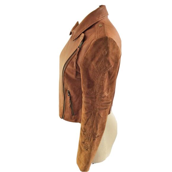 Brown Leather & Suede Southwest Embroidered Moto Jacket - Picture 3 of 7